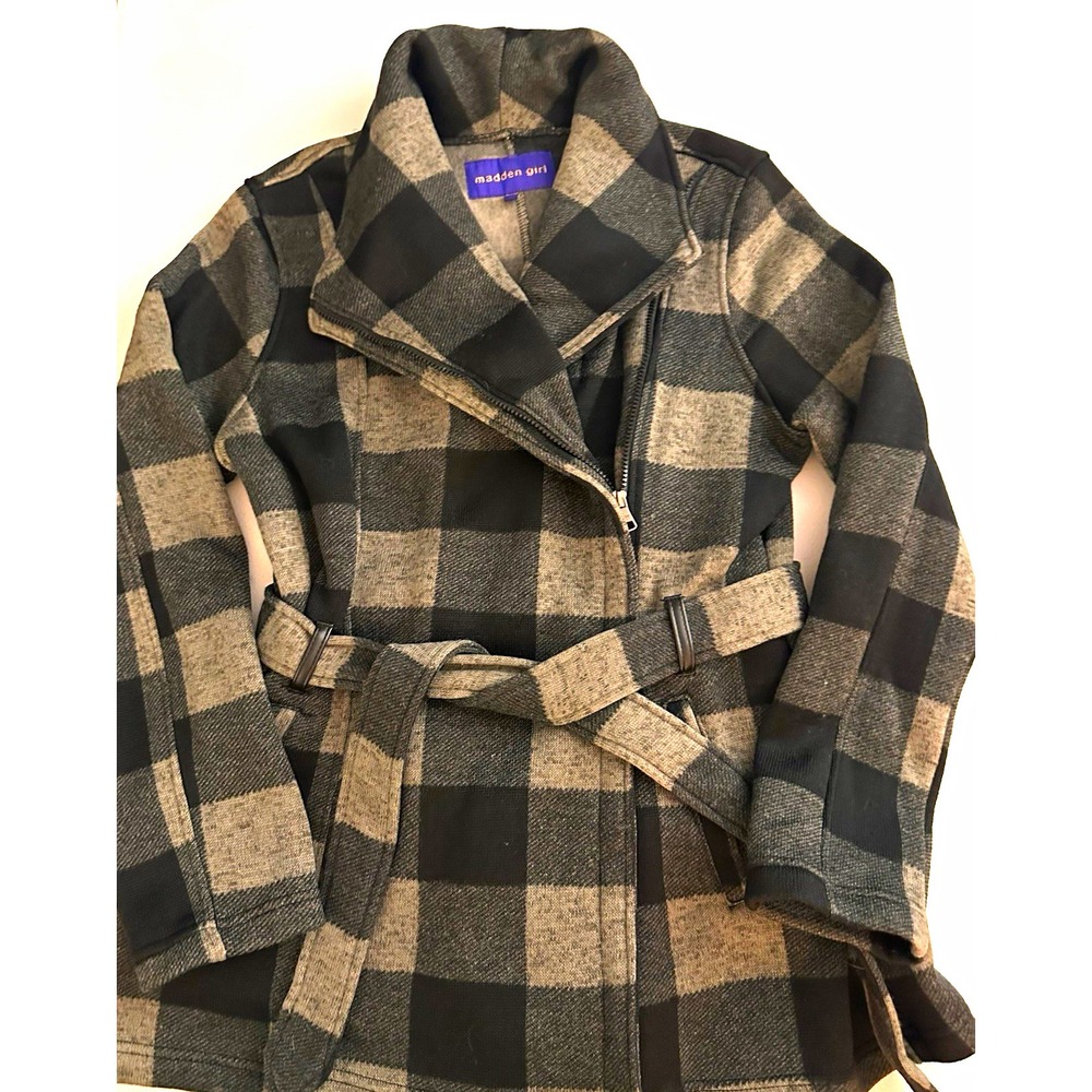 Madden Girl Women's Gray/Black Plaid Belted Collared Full Zip Jacket XL